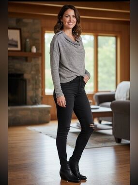 Andrea Jovine Heather Gray Cowl Neck Knit Top Zippers on the Shoulders Relaxed